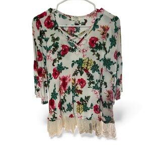 Umgee Floral Lace Trim Blouse